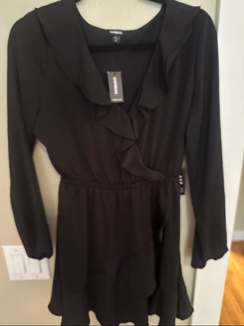 Express Black Ruffle-Front Long Sleeve Wrap Dress